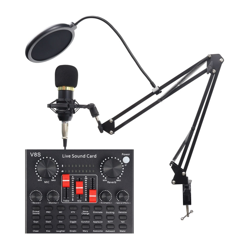 Micrófono profesional podcast condensador + tarjeta sonido