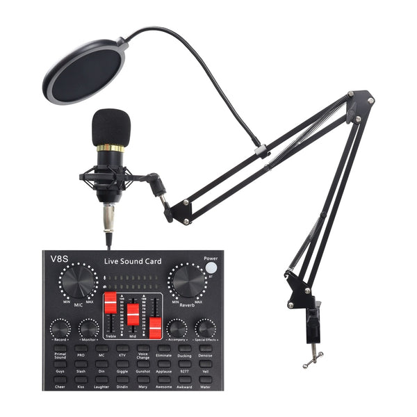 Micrófono profesional podcast condensador + tarjeta sonido